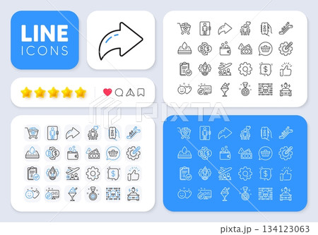 Escalator, Clown and Fraud line icons for web app. Message, Share, Like social media icons. Pack of Approved report, Elevator, Winner reward pictogram icons. Vector 134123063