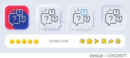 Question bubbles line icon. Neumorphic, Flat shadow, 3d buttons. Ask help sign. Faq questionnaire symbol. Line question bubbles icon. Social media icons. Vector 134123077