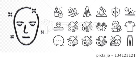 Collagen skin, T-shirt and Pants line icons for web app. Glare of light effect. Message icon. Pack of Uv protection, Cobalamin vitamin, Health skin pictogram icons. Vector 134123121