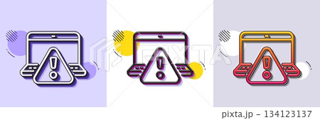 Online warning line icon. Halftone dotted pattern. Gradient icon with grain shadow. Attention triangle sign. Internet caution symbol. Line online warning icon. Various designs. Vector 134123137