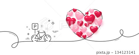 Bike line icon. Continuous line big heart. Bicycle parking sign. Urban traffic symbol. 3d hearts in heart shaped loop. Bike single line ribbon. Loop curve pattern. Vector Bike line icon. Continuous line big heart. Bicycle parking sign. Urban traffic symbol. 3d hearts in heart shaped loop. Bike single line ribbon. Loop curve pattern. Vector 134123141