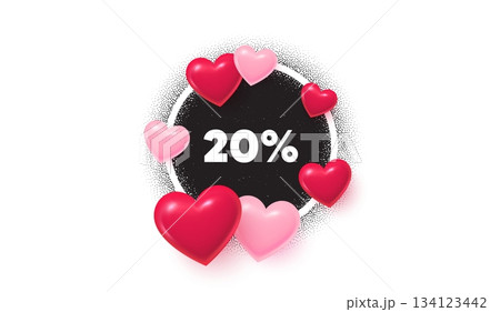 Discount frame love banner. Circle photo frame. 20 percent off sale tag. Discount offer price sign. Special offer symbol. 3d hearts balloons. Grain dots pattern. Vector 134123442