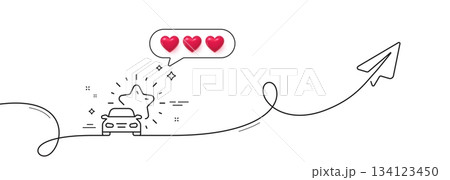 Car review line icon. Continuous line with share plane. Best transport service sign. Delivery rating symbol. Hearts rate review in speech bubble. Car review single line ribbon. Vector 134123450