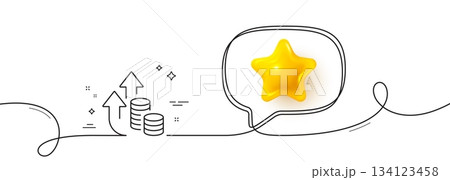 Inflation line icon. Continuous line with 3d star. Growth or Increase price sign. Change money symbol. 3d star in speech bubble. Inflation single line ribbon. Loop curve pattern. Vector 134123458