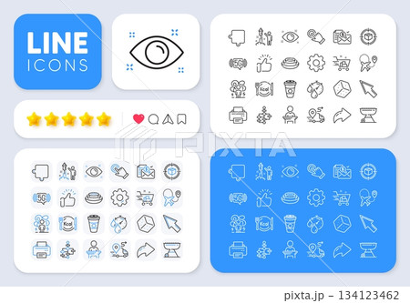 Dice, Calories and Touchscreen gesture line icons for web app. Message, Share, Like social media icons. Pack of Parcel tracking, Difficult stress, Airplane pictogram icons. Vector 134123462