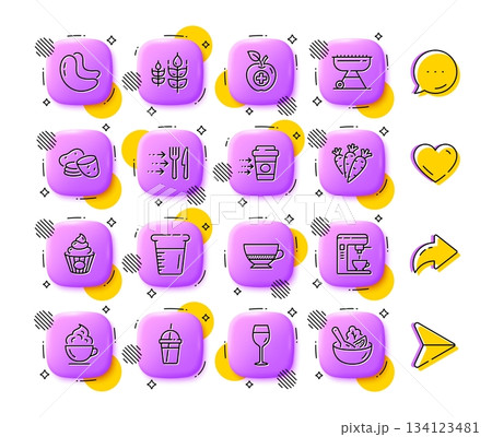 Coffee maker, Gluten free and Grill line icons. App 3d buttons. Social media comment, share, like icons. Pack of Medical food, Food delivery, Coffee cocktail icon. Vector Coffee maker, Gluten free and Grill line icons. App 3d buttons. Social media comment, share, like icons. Pack of Medical food, Food delivery, Coffee cocktail icon. Vector 134123481