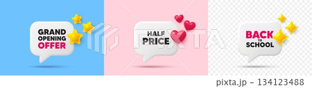 Half price chat speech bubble. 3d stars, sparkles, hearts chat bubbles. Half Price tag. Special offer Sale sign. Advertising Discounts symbol. Final sale, Back to school tag. Vector Half price chat speech bubble. 3d stars, sparkles, hearts chat bubbles. Half Price tag. Special offer Sale sign. Advertising Discounts symbol. Final sale, Back to school tag. Vector 134123488