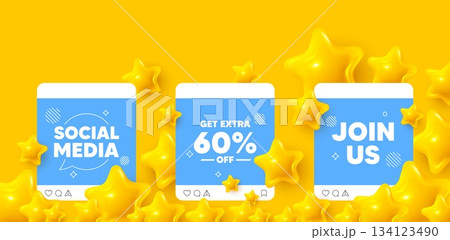 Extra discount social media post. Join us template mockup. Get Extra 60 percent off Sale. Discount offer price sign. Special offer symbol. Save 60 percentages. Like, comment and share icons. Vector 134123490