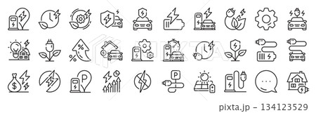 Electric car charging line icons. Settings gear, Message, Inflation icons. Charge station, Ev parking and Battery charger set. Home car charging, power station and electro energy line icons. Vector 134123529