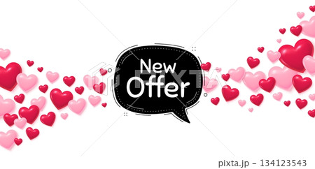 New offer love banner with 3d hearts. Flying hearts background. New offer bubble banner. Arrival black sticker. Offer label icon. Valentines day greeting card. Vector New offer love banner with 3d hearts. Flying hearts background. New offer bubble banner. Arrival black sticker. Offer label icon. Valentines day greeting card. Vector 134123543
