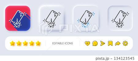 Smartphone broken line icon. Neumorphic, Flat shadow, 3d buttons. Phone crack sign. Mobile device crash symbol. Line smartphone broken icon. Social media icons. Vector 134123545