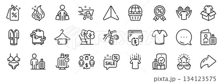 Clothing, Wallet and Scissors line icons pack. Share, Message, Paper plane icons. Bathrobe, Luggage, Buying process web icon. Hot offer, Baggage, Shopping cart pictogram. Vector Clothing, Wallet and Scissors line icons pack. Share, Message, Paper plane icons. Bathrobe, Luggage, Buying process web icon. Hot offer, Baggage, Shopping cart pictogram. Vector 134123575