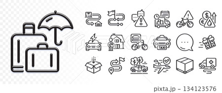 Delivery box, Bike attention and Car charging line icons for web app. Glare of light effect. Message icon. Pack of Pickup, Travel path, Taxi pictogram icons. Vector Delivery box, Bike attention and Car charging line icons for web app. Glare of light effect. Message icon. Pack of Pickup, Travel path, Taxi pictogram icons. Vector 134123576