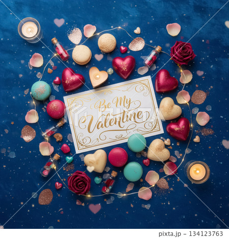 composition with a valentine card, macarons, and heart-shaped chocolates on a blue velvet background composition with a valentine card, macarons, and heart-shaped chocolates on a blue velvet background 134123763