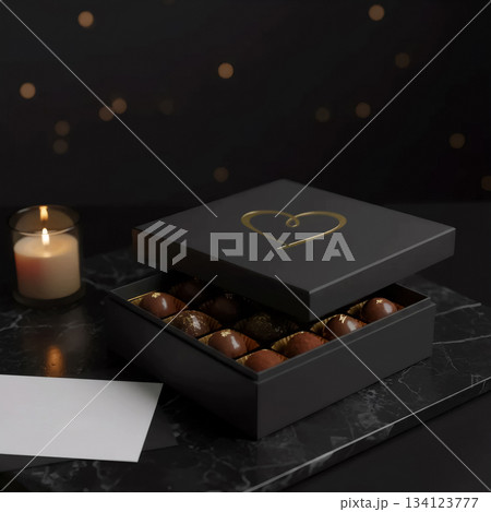 black box of chocolate candies with a gold heart on a marble background by candlelight 134123777