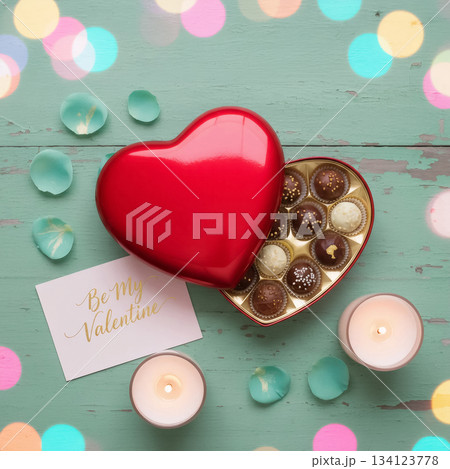 open red heart-shaped box with candies on a mint wooden background and petals open red heart-shaped box with candies on a mint wooden background and petals 134123778