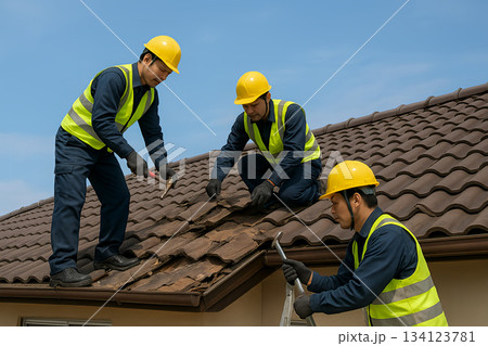 屋根修理作業中の作業員たち 0162 134123781