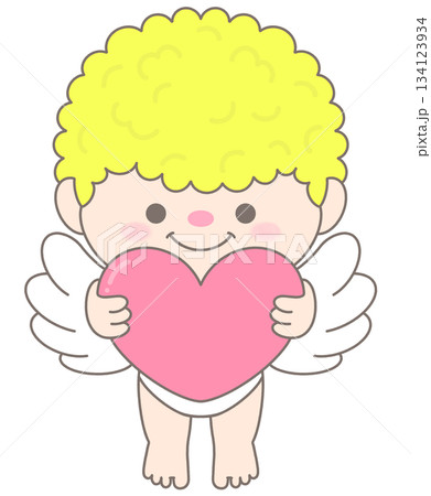 Valentine cupid with curly hair flying and hugging big pink heart Valentine cupid with curly hair flying and hugging big pink heart 134123934