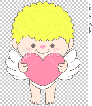 Valentine cupid with curly hair flying and hugging big pink heart 134123934