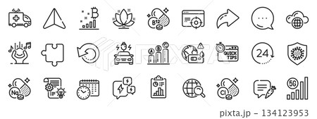 Report, Cobalamin vitamin and Graph chart line icons pack. Share, Message, Paper plane icons. Internet search, Ambulance car, Coronavirus web icon. Vector 134123953