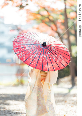 七五三で和傘をさして神社にお参りをする女の子 134123976