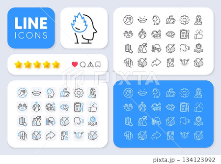 Dont touch, Vaccine announcement and Mint tea line icons for web app. Message, Share, Like social media icons. Pack of Pandemic vaccine, Electronic thermometer, Medical mask pictogram icons. Vector 134123992