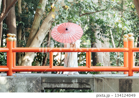 七五三で和傘をさして神社にお参りをする女の子 134124049