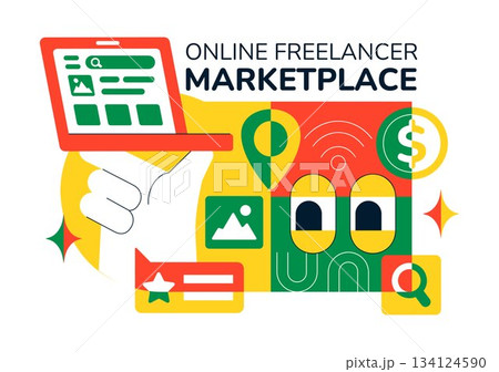 Online Freelancer Marketplace Illustration Featuring A Digital Platform For Search, Offers, Professional Services, and Product Order Tracking System Online Freelancer Marketplace Illustration Featuring A Digital Platform For Search, Offers, Professional Services, and Product Order Tracking System 134124590