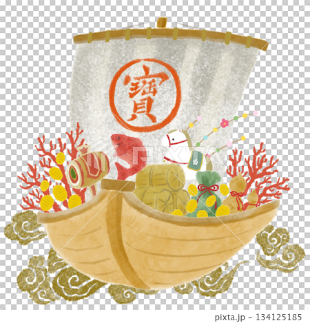 金色の雲に乗った宝船　縁起のいい和風の年賀状素材 134125185