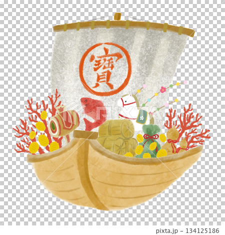 Treasure ship carrying lucky charms New Year's card material 134125186