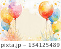A pastel watercolor background featuring balloons and sparkling stars. 134125489