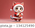 A cute cat in red Santa Claus costume holding gift box on red tone gradient background. 134125490