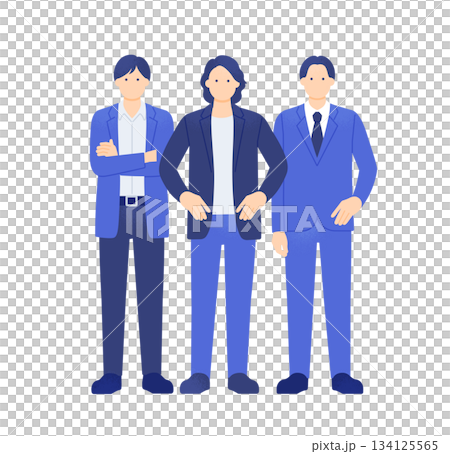 A group of three confident young businessmen. Full-body illustration of men in suits and office casual wear. A group of three confident young businessmen. Full-body illustration of men in suits and office casual wear. 134125565