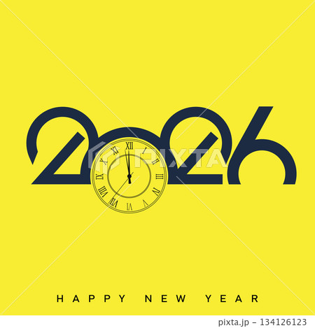 Happy New Year 2026 Creative Minimalist Yellow Typography Poster Design. Vector 134126123