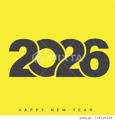Happy New Year 2026 Creative Minimalist Yellow Typography Poster Design. Vector 134126129