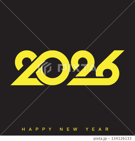 Happy New Year 2026 Creative Minimalist Yellow Typography Poster Design. Vector 134126133