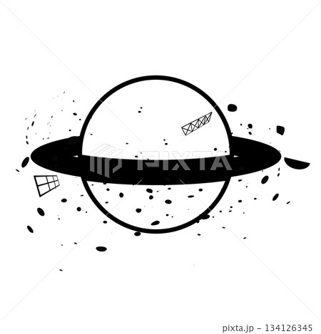 宇宙ゴミの白黒アイコンイラスト　土星の周りに浮かぶゴミや廃棄物 134126345