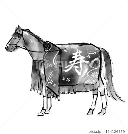 華やかな和風の衣装を身につけた馬の水墨画イラスト　モノクロ　午年　誘導馬　年賀状 134126359