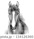 優しげな表情をした馬の水墨画イラスト　モノクロ　午年　和風　年賀状 134126360