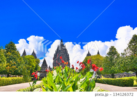 ジョグジャカルタのプランバナン寺院遺跡の景観 ジョグジャカルタのプランバナン寺院遺跡の景観 134126372