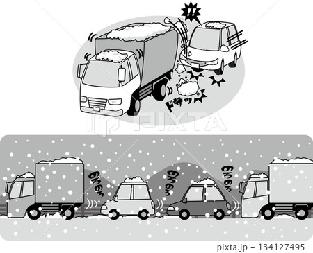 交通安全＜雪道の危険と渋滞・前車の上から自車の前に雪が落下・モノクロ・一色・白黒＞ 134127495