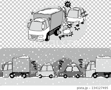 Traffic Safety <Dangers of snowy roads and traffic jams, snow falling in front of your car from the car in front, monochrome, one color, black and white> 134127495