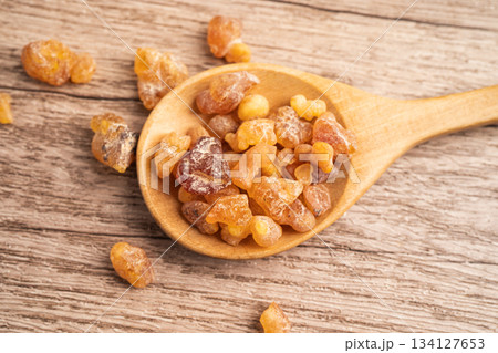Frankincense or olibanum aromatic resin isolated on white background used in incense and perfumes. 134127653