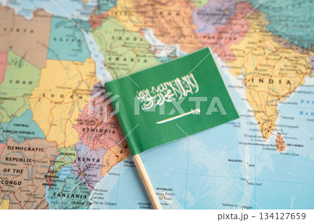 Bangkok, Thailand December 7, 2023, Saudi Arabia flag on world map. 134127659
