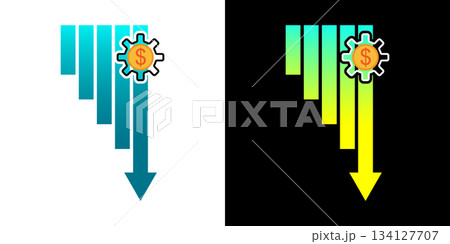 Dollar rate decrease icon. Currency decrease icon. Dollar sign symbol, USD currency. 134127707