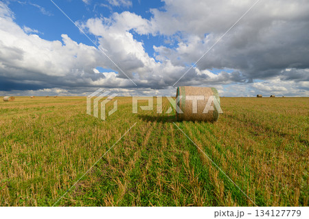 A beautiful rural landscape featuring a round hay bale positioned underneath a dramatic sky 134127779