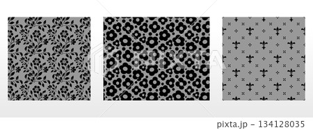Geometric floral set of seamless patterns. Gray and black vector backgrounds. Damask graphic ornaments 134128035