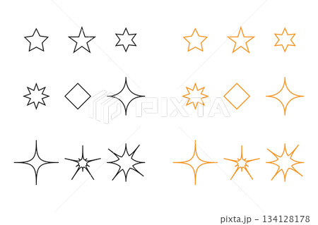 Set of Geometric Star, Sparkle, and Shine Outline Icons in Black and Orange Color Schemes. 134128178