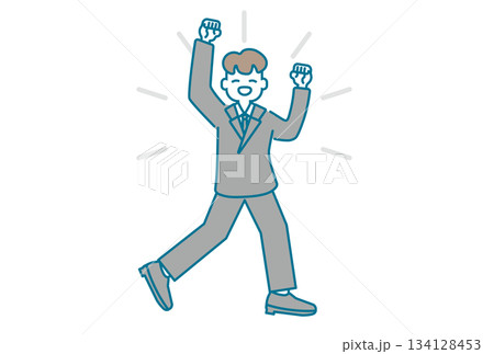 腕を上げて嬉しそうにガッツポーズをとるビジネスマン	 134128453