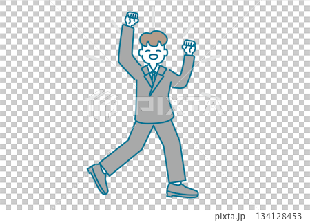 腕を上げて嬉しそうにガッツポーズをとるビジネスマン	 134128453
